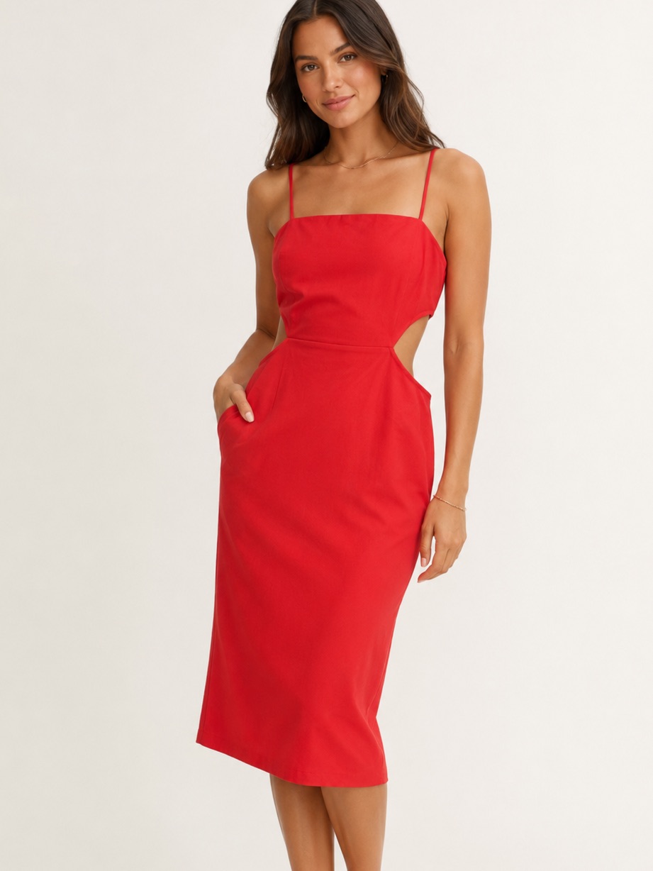 Lulu's Coral-Red Spaghetti-Strap Cutout Midi Dress
